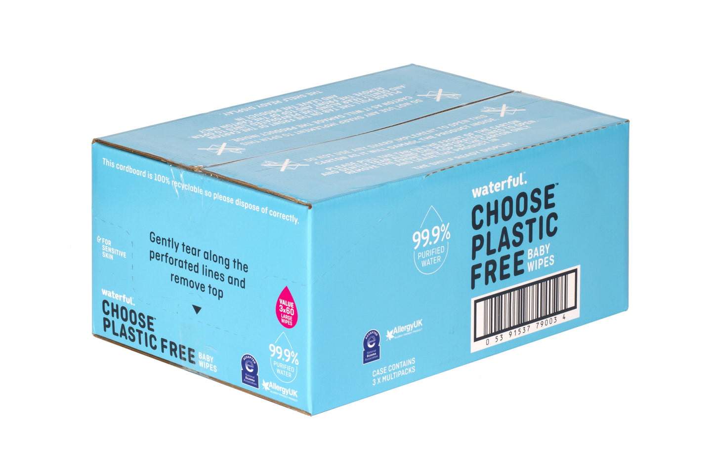 Waterful Plastic Free Baby Wipes, 99.9% purified water, certified vegan, biodegradable & fragrance free. Perfect for sensitive and newborn skin. Bulk Multipack - 12 Packs of 60 Wipes = 720 Wet Wipes