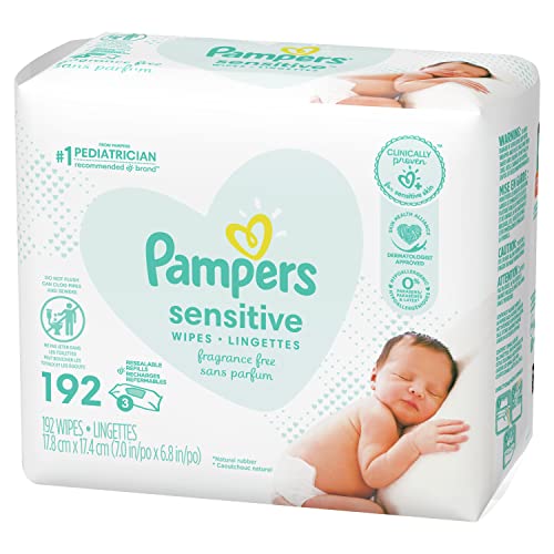 Pampers Sensitive Baby Wipes, Water Based, Hypoallergenic and Unscented, 8 Fip-Top Packs, 4 Refill Packs (1008 Wipes Total)