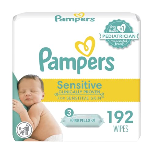 Pampers Sensitive Baby Wipes, Water Based, Hypoallergenic and Unscented, 8 Fip-Top Packs, 4 Refill Packs (1008 Wipes Total)