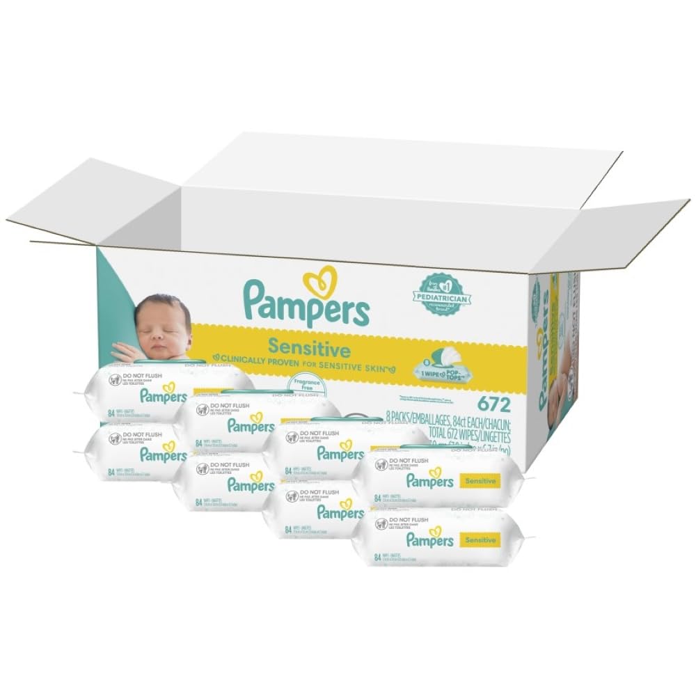 Pampers Sensitive Baby Wipes, Water Based, Hypoallergenic and Unscented, 8 Fip-Top Packs, 4 Refill Packs (1008 Wipes Total)