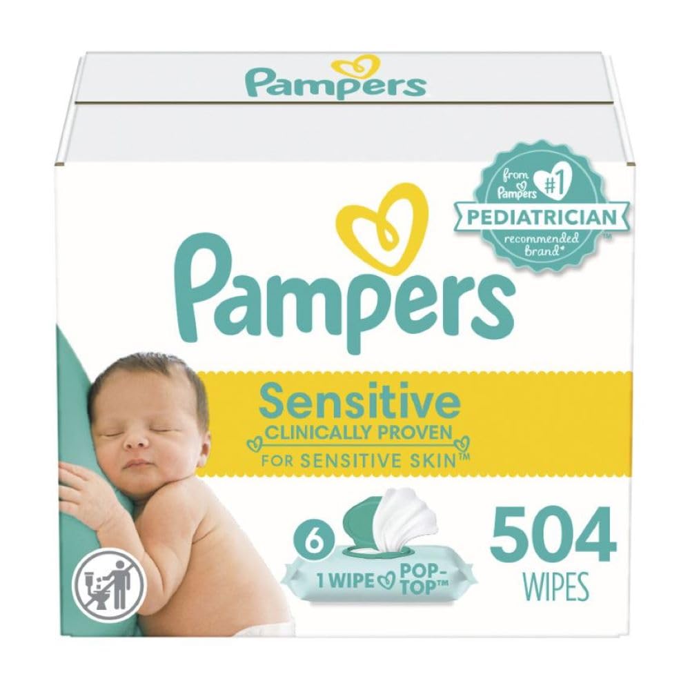 Pampers Sensitive Baby Wipes, Water Based, Hypoallergenic and Unscented, 8 Fip-Top Packs, 4 Refill Packs (1008 Wipes Total)