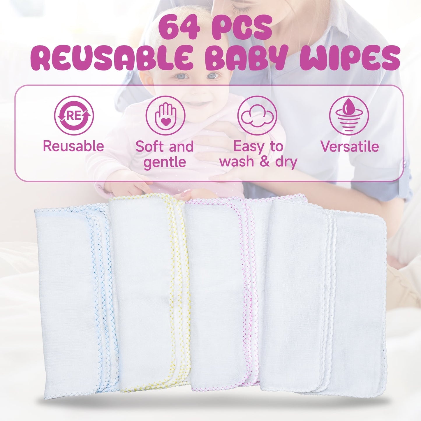 64 Pack Flannel Cloth Baby Wipes with Dispenser, Reusable, Skin-friendly, Washable Baby Wipes, Essential for Cloth Diapers