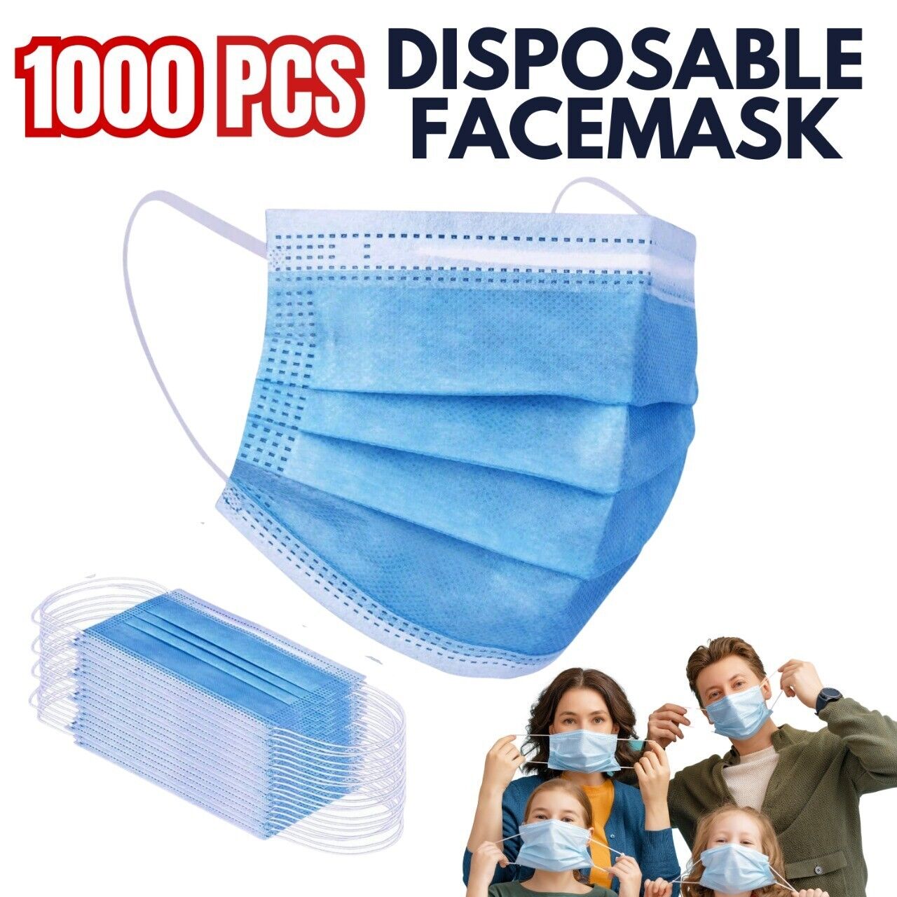 1000 PCS Protective Disposable Face Mask Cover 3 Ply Disposable Masks - Blue