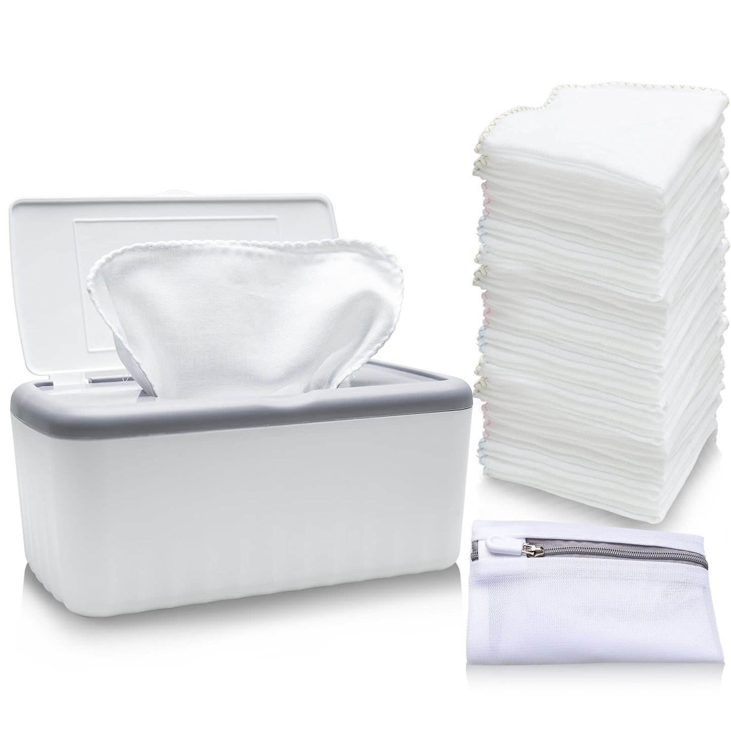 64 Pack Flannel Cloth Baby Wipes with Dispenser, Reusable, Skin-friendly, Washable Baby Wipes, Essential for Cloth Diapers