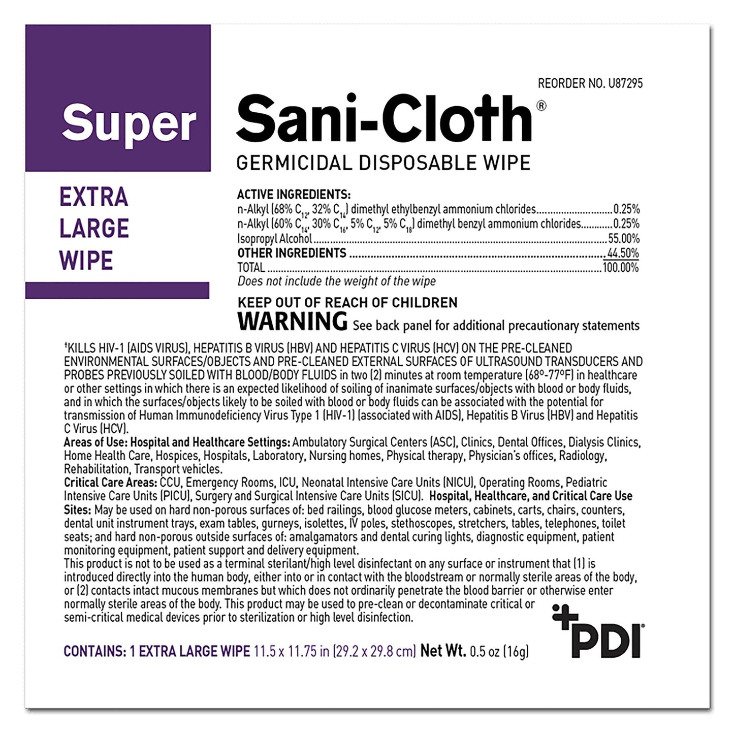 Sani-Cloth Surface Disinfectant Wipes, Individual Packets, 11.75 x 11.5 in, 50 Wipes, 1 Pack