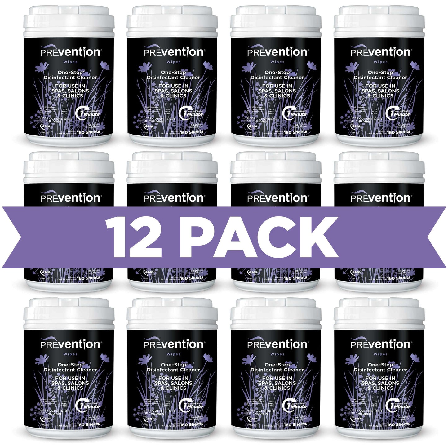 Prevention All Purpose Cleaner Wipes – One-Step Wipes for Salons, Spas, Clinics, Tanning Bed Cleaner Surface Sanitizing Wipes – 160 Count per Canister, Pack of 12