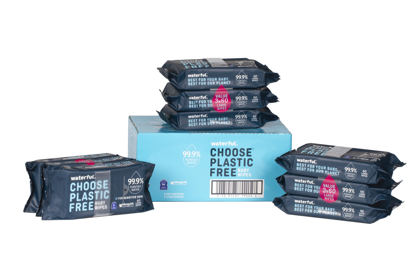 Waterful Plastic Free Baby Wipes, 99.9% purified water, certified vegan, biodegradable & fragrance free. Perfect for sensitive and newborn skin. Bulk Multipack - 12 Packs of 60 Wipes = 720 Wet Wipes