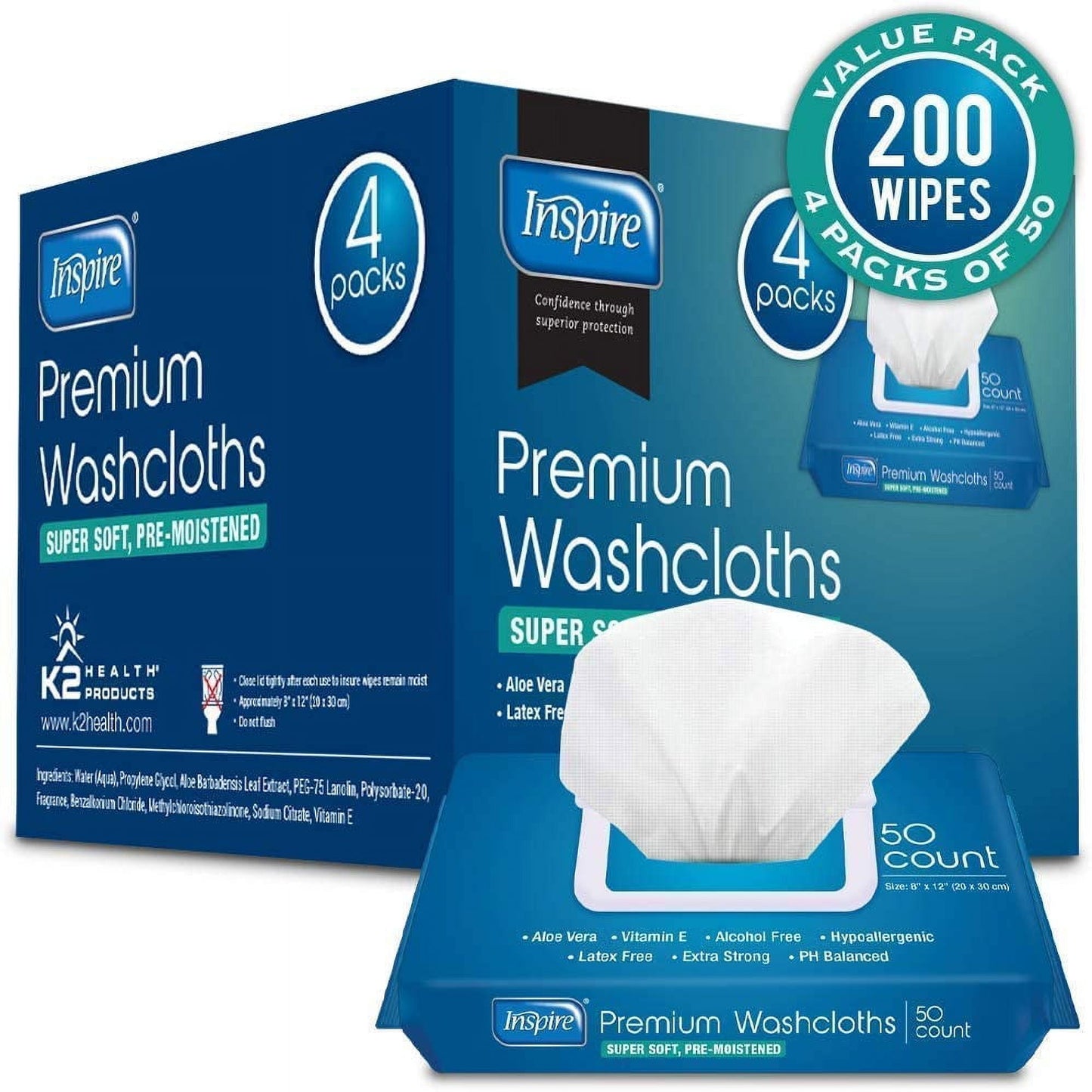 Inspire Adult Wet Wipes, Adult Wash Cloths Extra Large, Adult Wipes for Incontinence & Cleansing, 8"x12", 200 ct