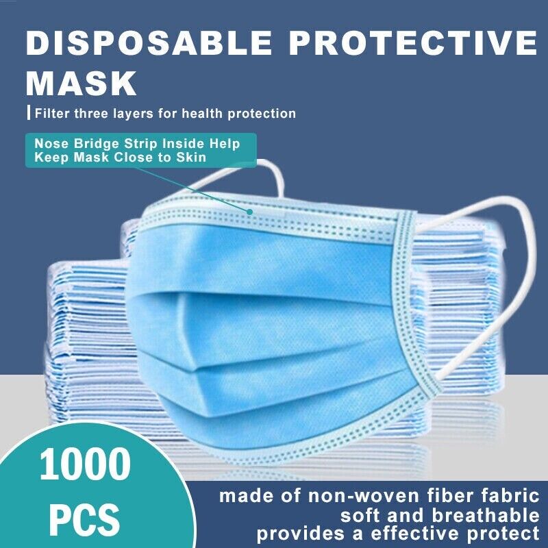 1000 PCS Protective Disposable Face Mask Cover 3 Ply Disposable Masks - Blue