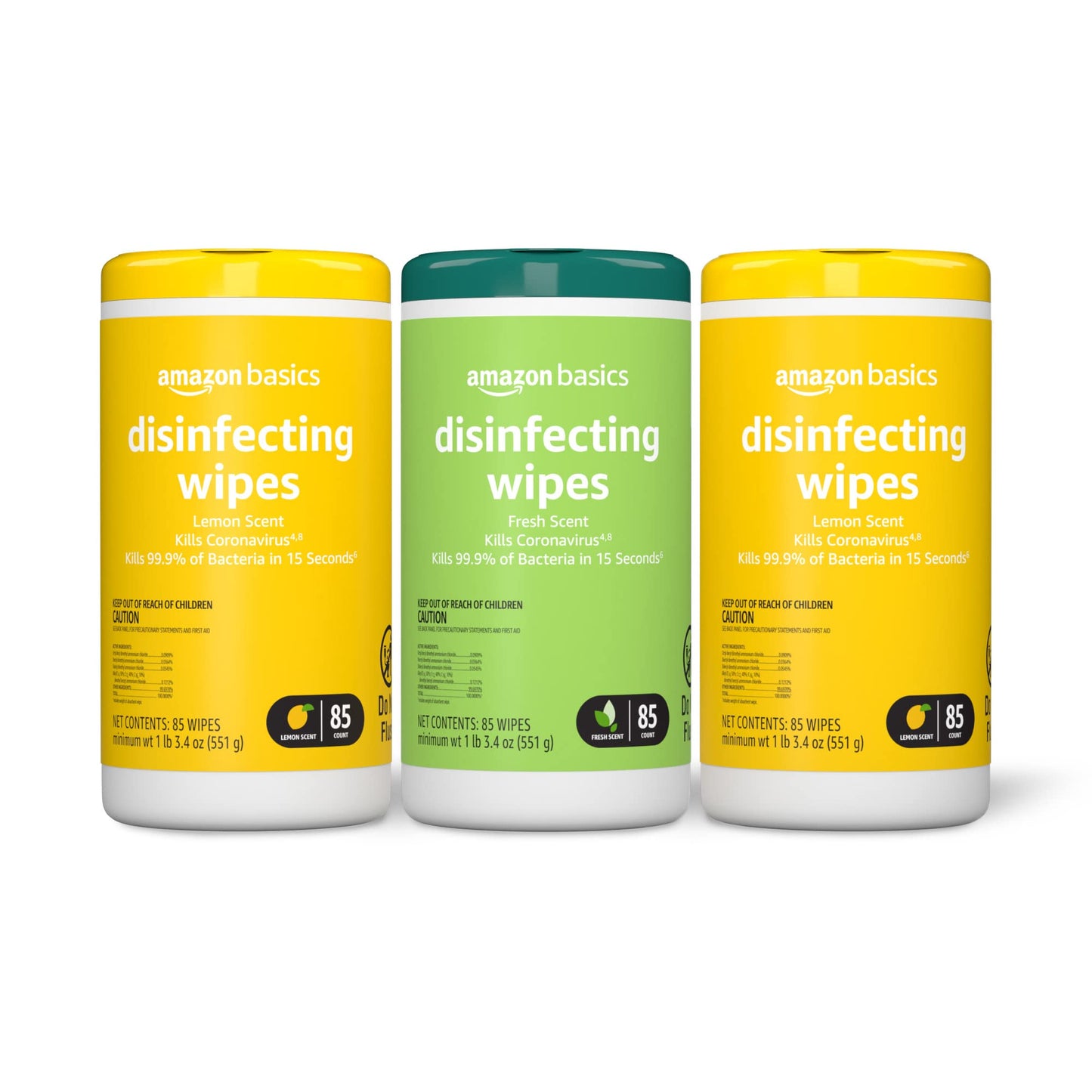 Basics Disinfecting Wipes, Lemon & Fresh Scent, Sanitizes/Cleans/Disinfects/Deodorizes, 340 Count (4 Packs of 85)