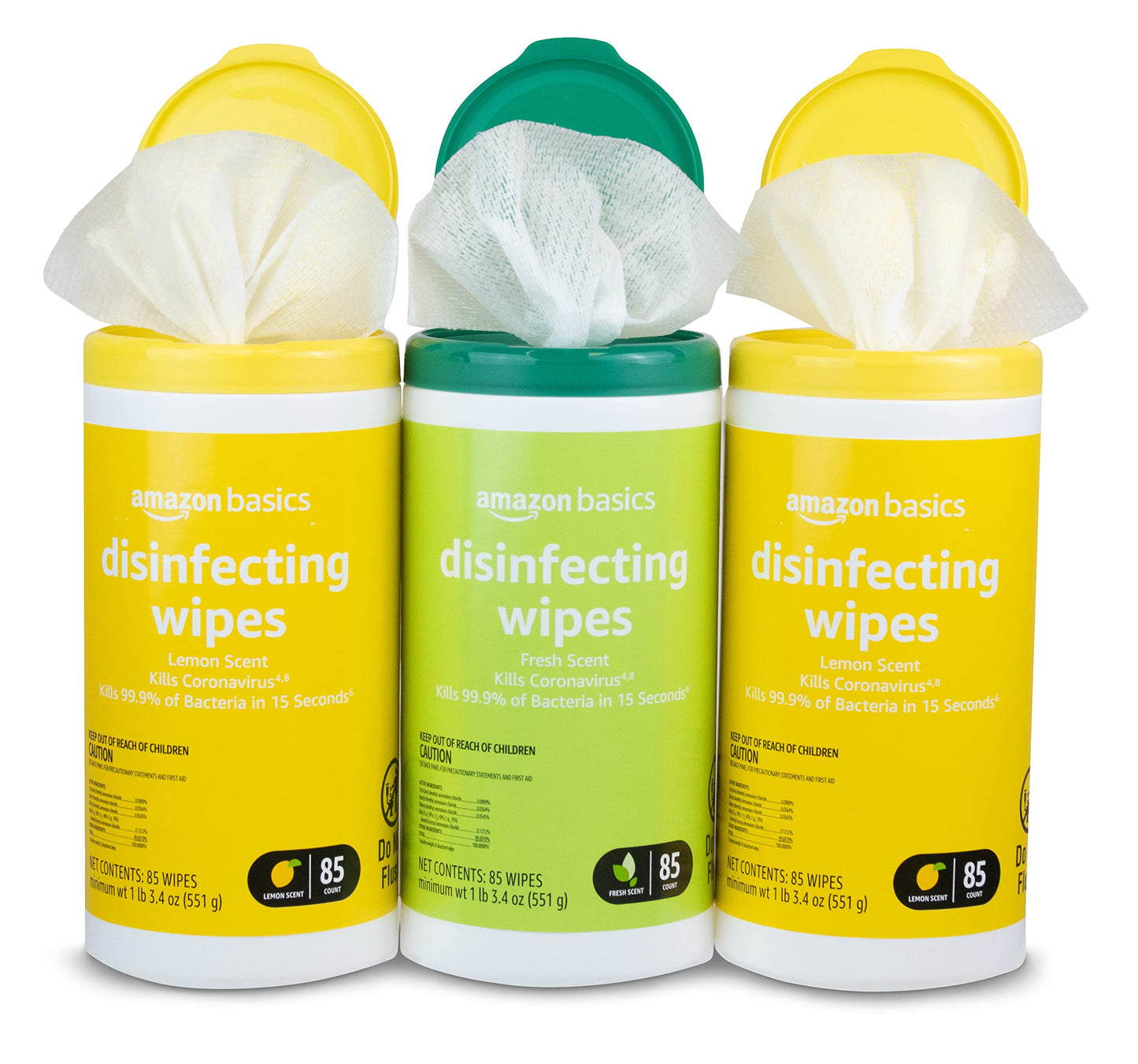 Basics Disinfecting Wipes, Lemon & Fresh Scent, Sanitizes/Cleans/Disinfects/Deodorizes, 340 Count (4 Packs of 85)