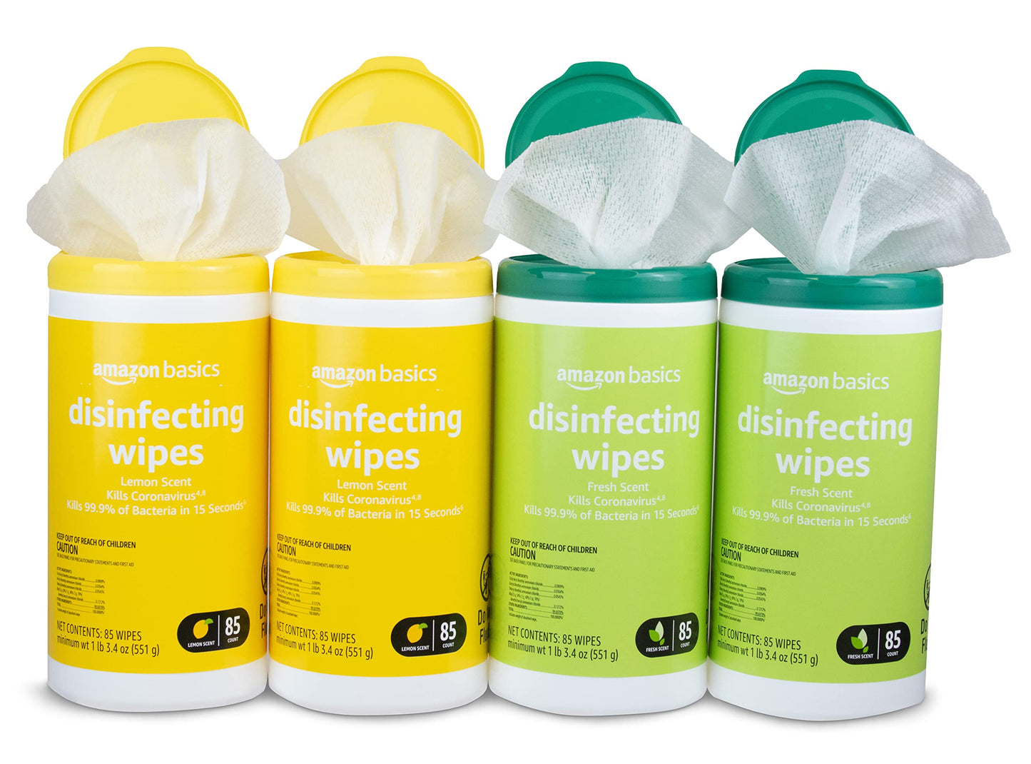 Basics Disinfecting Wipes, Lemon & Fresh Scent, Sanitizes/Cleans/Disinfects/Deodorizes, 340 Count (4 Packs of 85)